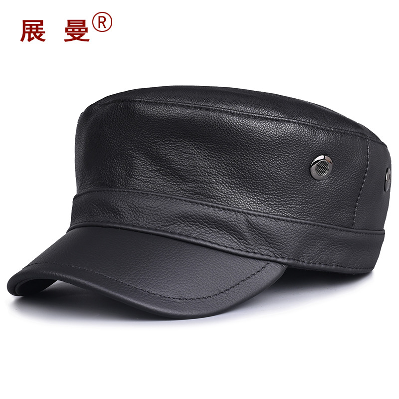 牛皮休闲平顶帽单层秋冬季皮帽