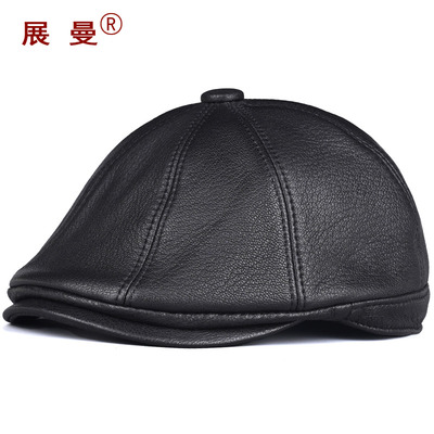 羊皮鸭舌帽男士秋冬真皮贝雷帽