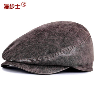油蜡头层牛皮鸭舌帽男士秋冬真皮帽子前进帽英伦复古皮新款美式款