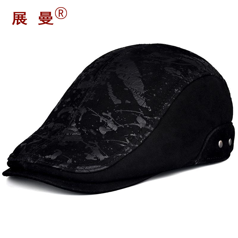 羊皮反绒印花鸭舌帽冬天保暖男士户外贝雷帽护耳海宁真皮帽子休闲