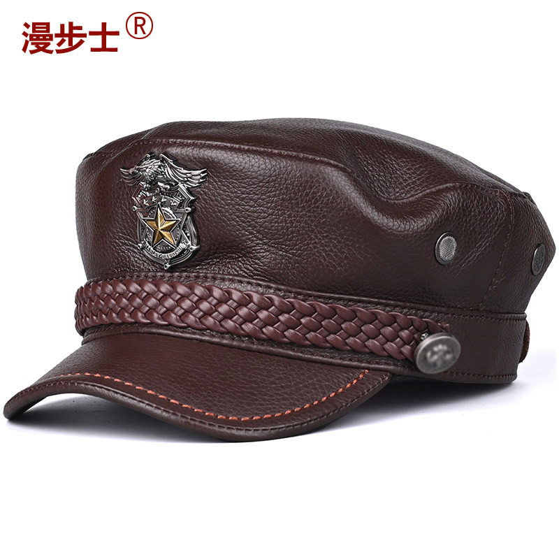 头层牛皮男士秋冬潮流机车平顶帽