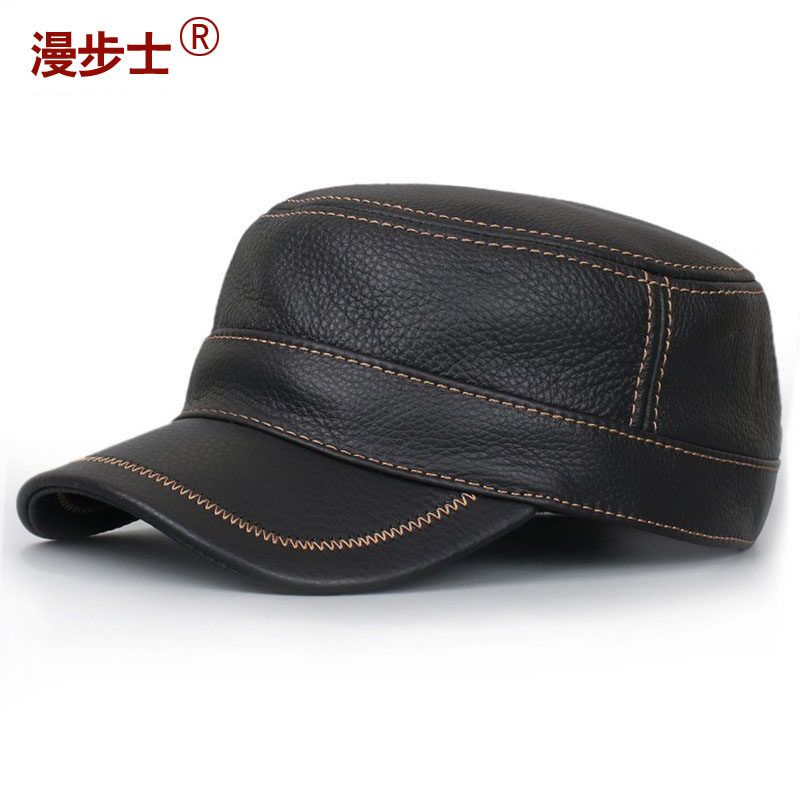 头层牛皮平顶帽男真皮秋冬百搭帽