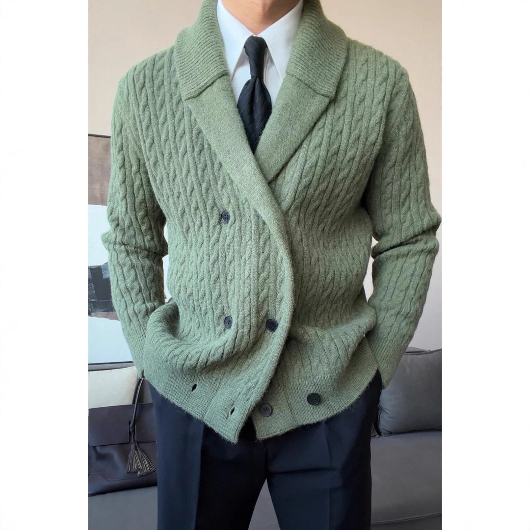 青果领毛衣男秋冬季厚款慵懒老钱风商务休闲单排扣松弛感复古外套