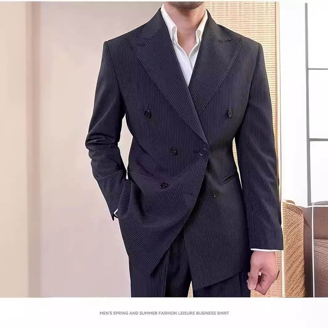 春秋季西装灰色条纹双排扣戗驳领商务正装高级感西服套装结婚礼服