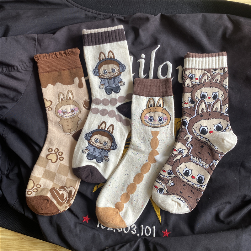 包邮4双装中筒袜子女情侣ins百搭潮流网红动漫卡通小兔子学院风袜