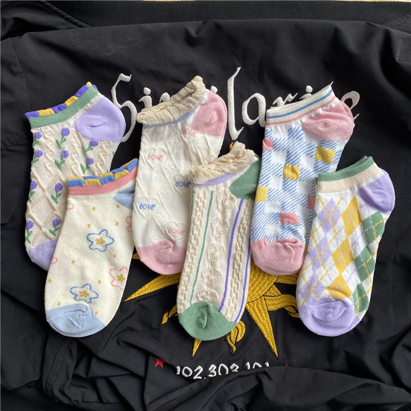包邮6双装夏季薄款短筒袜子女个性ins百搭日系泡泡口花朵船袜浅口