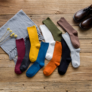 韩国秋冬街头百搭学院风粗线纯色全棉原宿潮流中高筒堆堆袜子女士