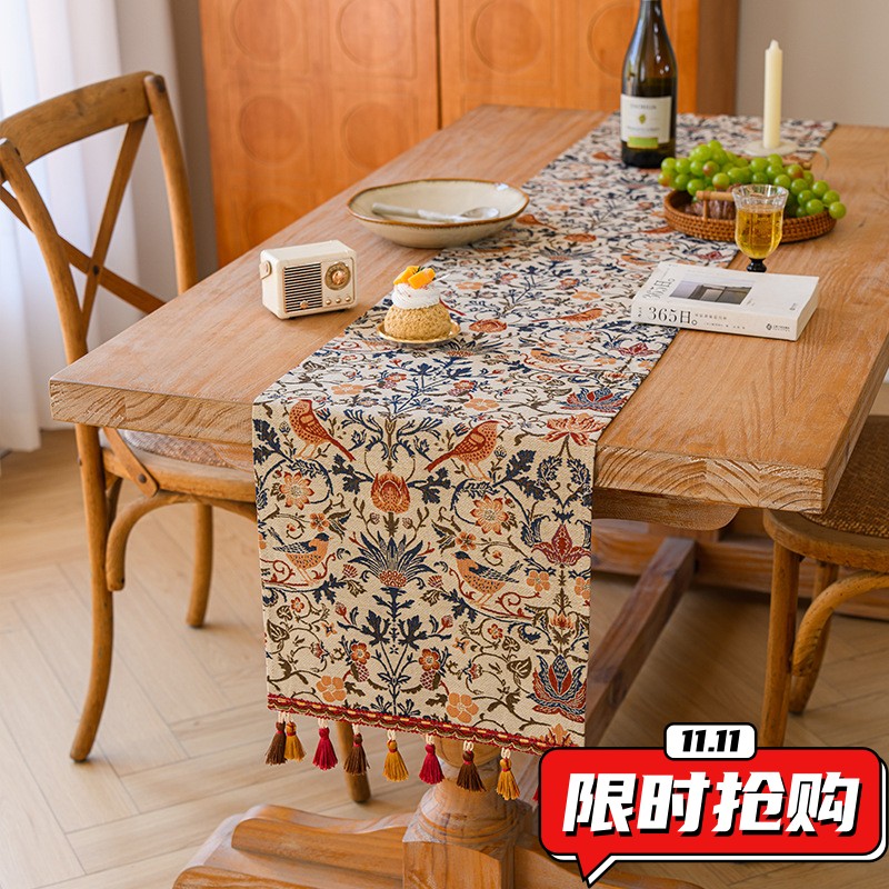 桌旗美式复古碎花布艺长条桌布氛围感茶几电视会餐桌装饰盖布DA13