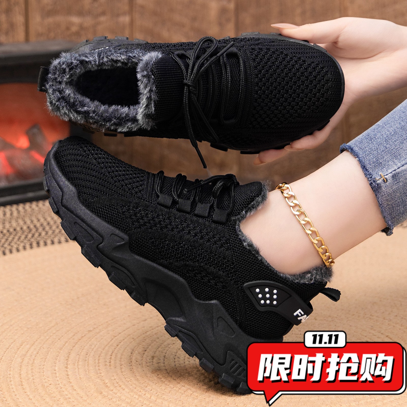 棉鞋女冬季temu大码厚底鞋子加绒加厚棉靴浅口轻便短靴ZX47