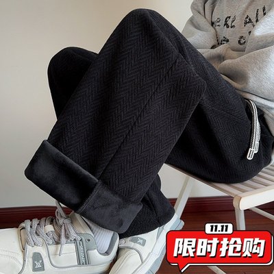 欧棉绒人字斜裤子男秋冬季大码直筒加绒加厚男生休闲运动长裤ER93