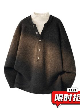 韩系轻奢V领假两件纽扣针织衫男款灰色高领长袖毛衣保暖套头ER35