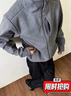 美式潮牌外套男款秋冬季2024新款重磅浅灰色开衫连帽拉链卫衣ER06