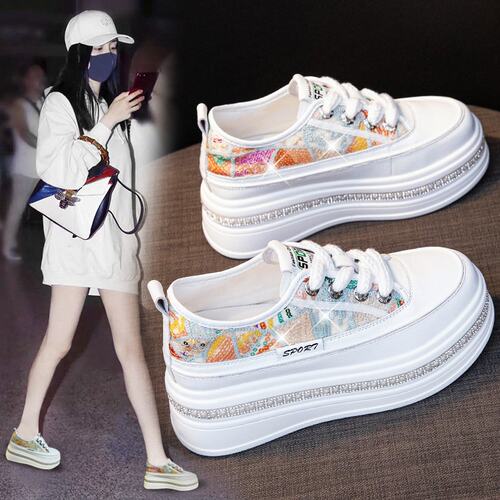 亮片小白鞋女2026新款厚底内增高8cm板鞋小个子配裙休闲水钻C-73