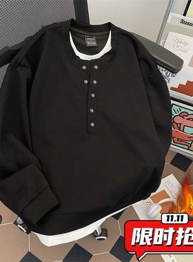 重磅假两件长袖加绒加厚卫衣男生宽松亨利领灰色打底衫体恤上ER87
