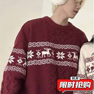 美式高街氛围感新年圣诞圆领毛衣秋季宽松百搭保暖情侣针织衫ER85