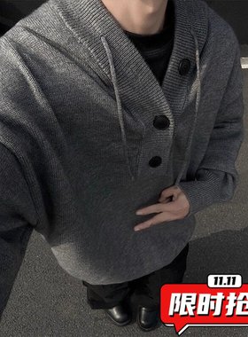 灰色美式复古连帽针织衫男款冬季加厚慵懒风毛衣重磅内搭卫衣ER49