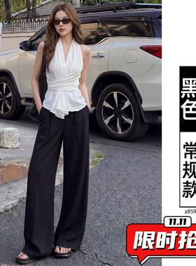 白色亚麻裤子女夏薄款2026新款宽松阔腿窄版直筒高级感垂感西BN40