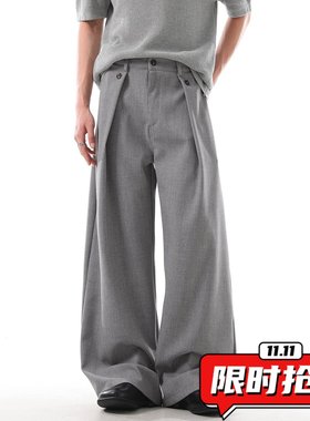 美式复古通勤灰色褶皱西裤男潮牌高级感宽松直筒垂感休闲长裤ER04