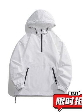 春秋季男士纯色宽松连帽半拉链冲锋衣夹克男大码青少年上衣外ER54