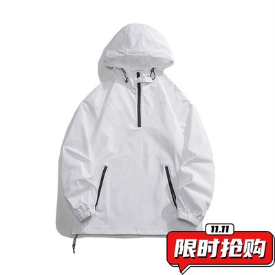 春秋季男士纯色宽松连帽半拉链冲锋衣夹克男大码青少年上衣外ER54