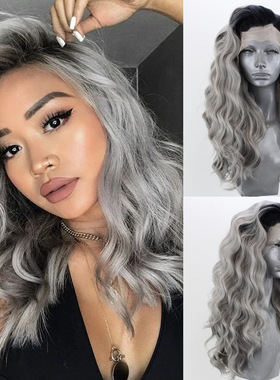 Ins fashion front lace wigs gray big wave long curly hair