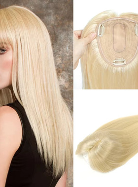 真人发丝金色接发片 12x13厘米机织女士头顶增发发片 简单 佩戴