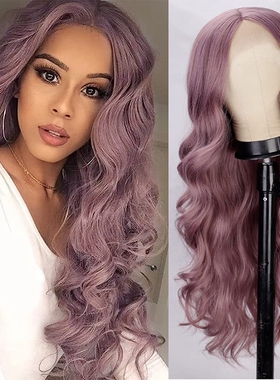 Cosplay girls long curly hair front lace wigs ins 香芋色蕾丝