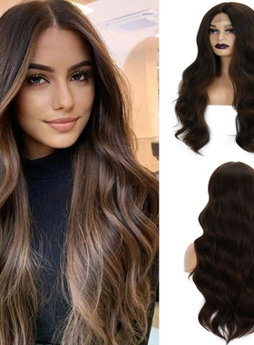 棕色蕾丝 Europe girls brown wave hair party cury wigs long