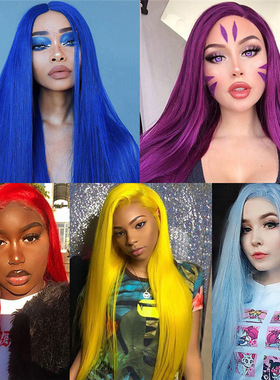 Colorful cosplay long straight hair front lace girls wig ins