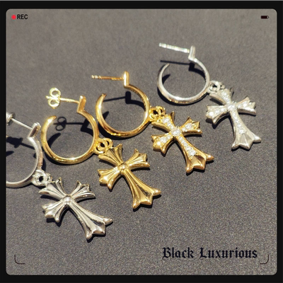 Black Luxurious电镀22K18K925纯银针大号十字架镶钻耳环耳钉