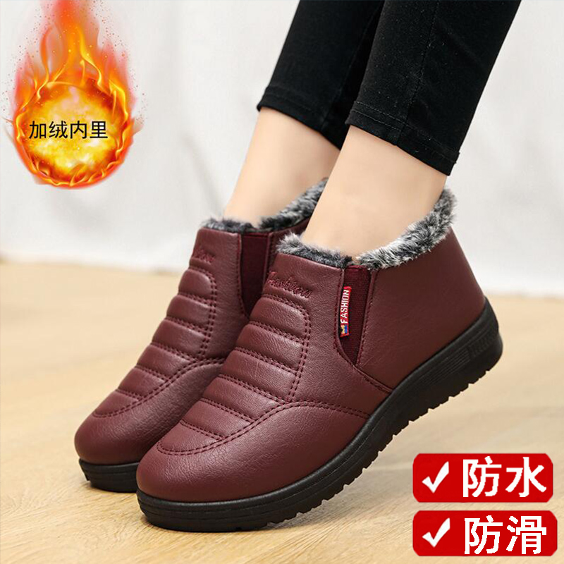红色妈妈棉鞋女防水防滑加绒短靴