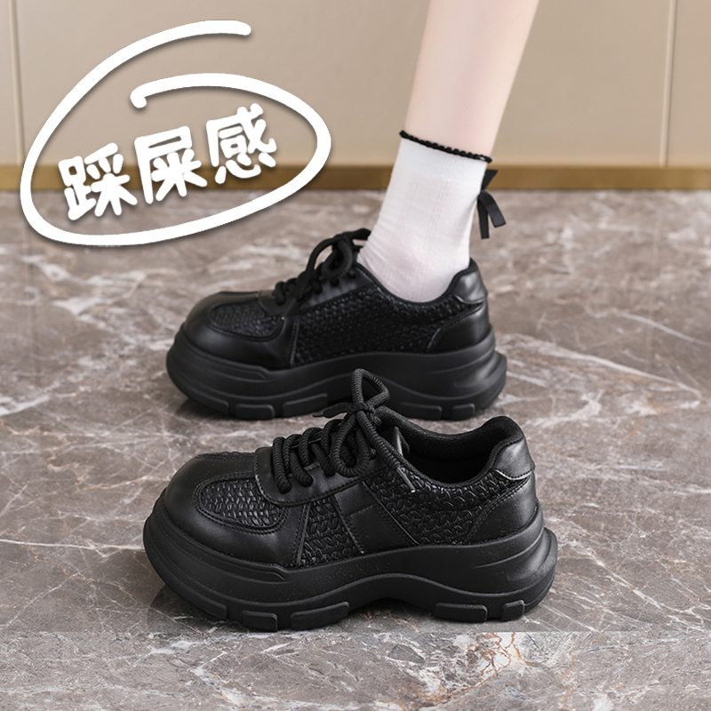 厚底老爹鞋女2025新款春秋黑色工作鞋34码增高6CM休闲小皮鞋单鞋