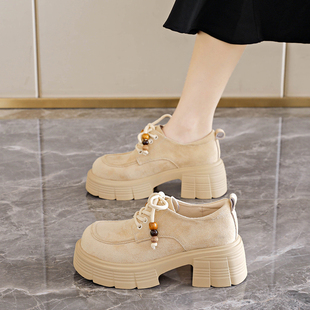 英伦风反绒皮厚底乐福鞋女2026新款春秋系带增高小皮鞋松糕底单鞋