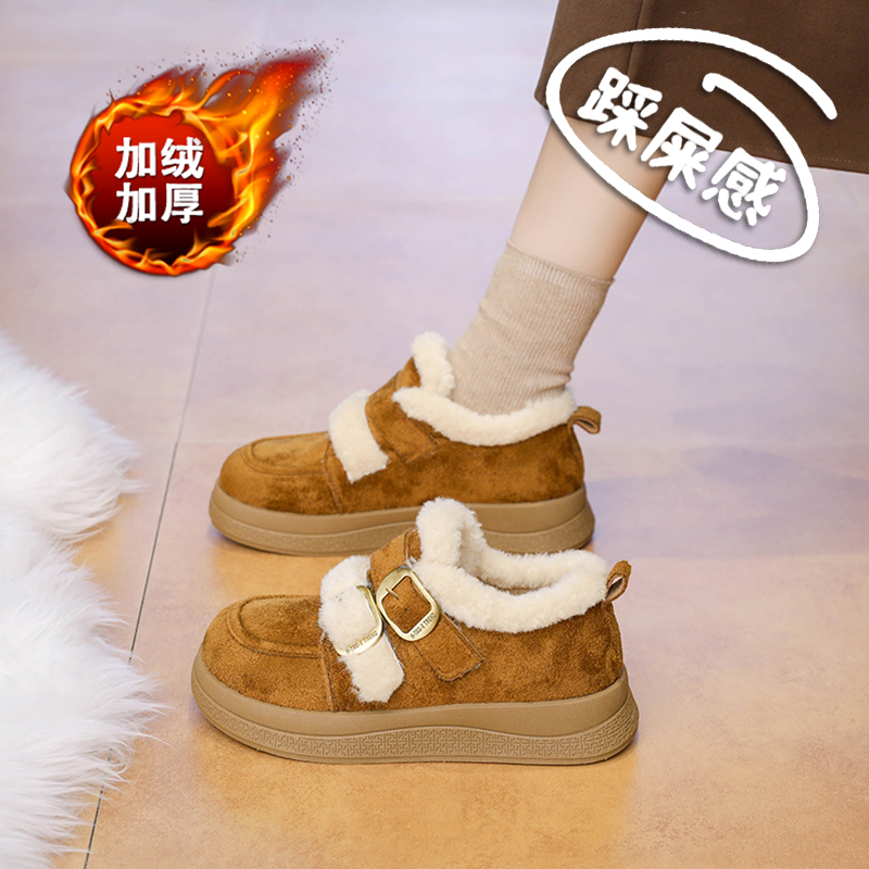 外穿棉鞋女冬季一脚蹬加绒勃肯鞋2025新款厚底乐福鞋防滑孕妇鞋子