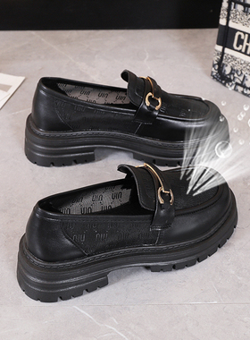 黑色皮面网面单鞋女夏季透气防臭薄款乐福鞋软底不累脚上班工作鞋