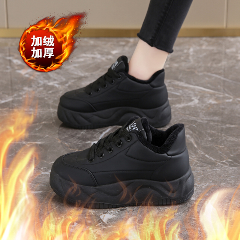 冬季加绒工作鞋女黑色棉鞋防水防滑皮面运动鞋软底不累脚厨房鞋子