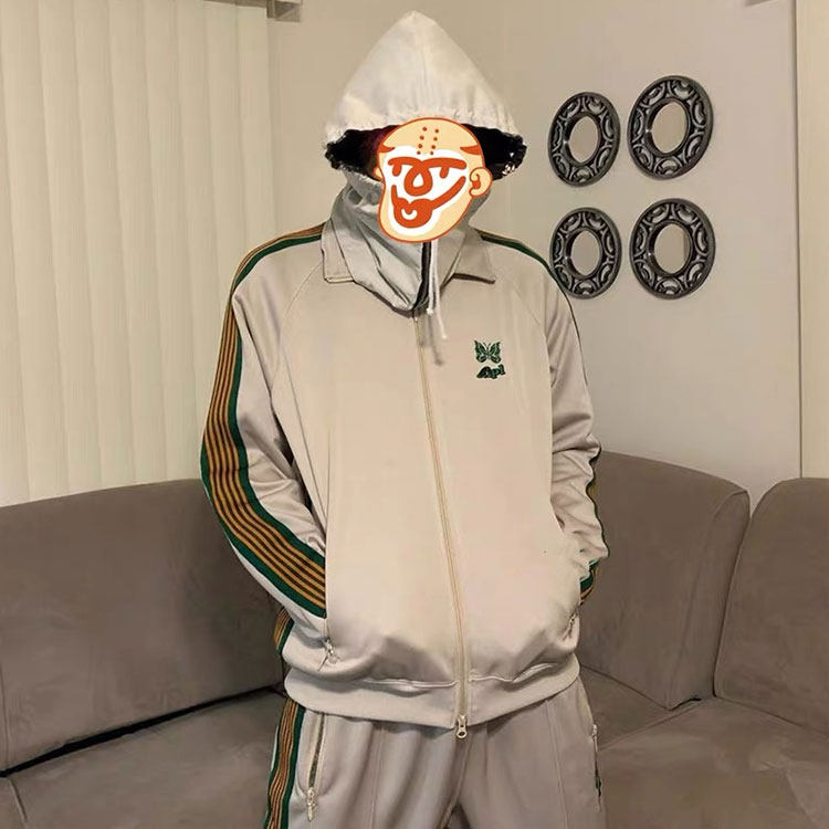 needles米色蝴蝶刺绣拉链条纹外套运动休闲套装夹克上衣男女卫裤