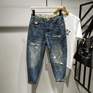 港风九分牛仔裤男潮牌宽松哈伦小脚裤夏季男士破洞乞丐陈冠希同款