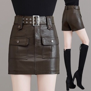 工装pu皮裙裤女春秋2025新款时尚高腰显瘦直筒短裤裙外穿包臀靴裤