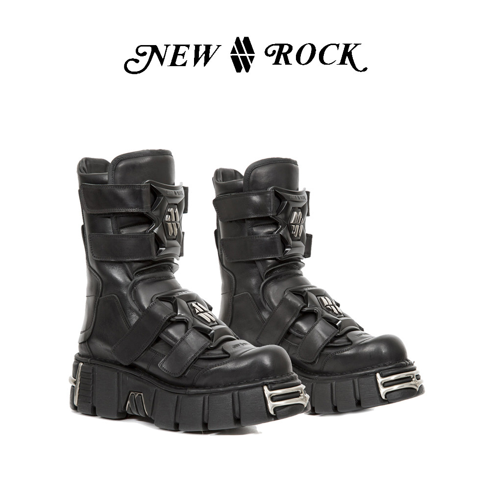 NEWROCK官方正品手工定制复古朋克哥特小众金属厚底中筒靴男女鞋