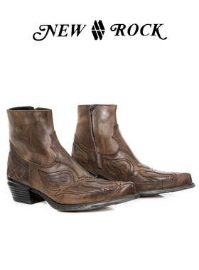 New Rock25新款西班牙手工雕花复古做旧疯马皮西部切尔西尖头靴