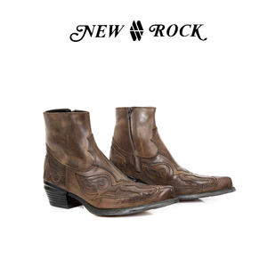 New Rock25新款西班牙手工雕花复古做旧疯马皮西部切尔西尖头靴
