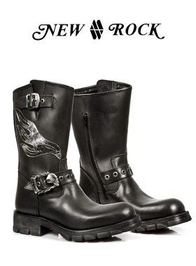 NEW ROCK西班牙潮牌秋冬新款真皮手工定制硬核机车中筒工程师靴男