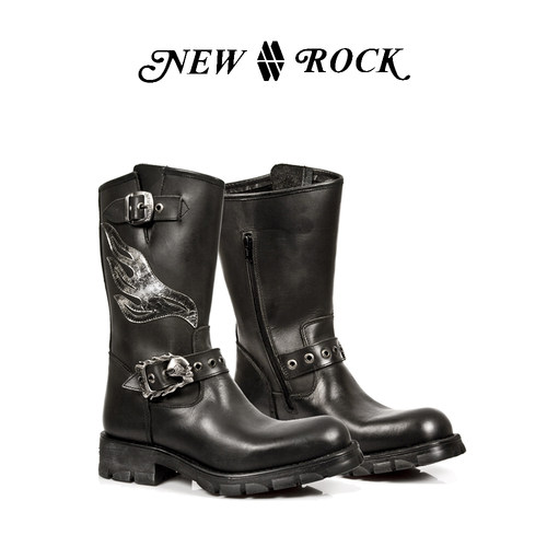NEW ROCK西班牙潮牌秋冬新款真皮手工定制硬核机车中筒工程师靴男