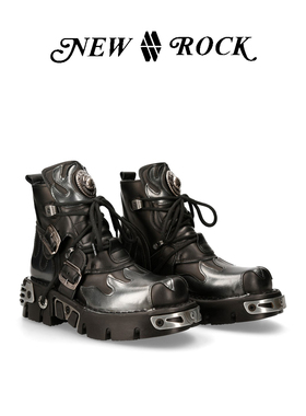 NEW ROCK官方正品手工定制做旧真皮火焰金属摇滚短筒厚底靴多色