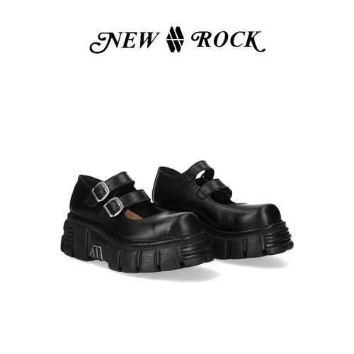 NEW ROCK西班牙潮牌夏季新款金属双搭扣暗黑甜酷朋克玛丽珍厚底鞋