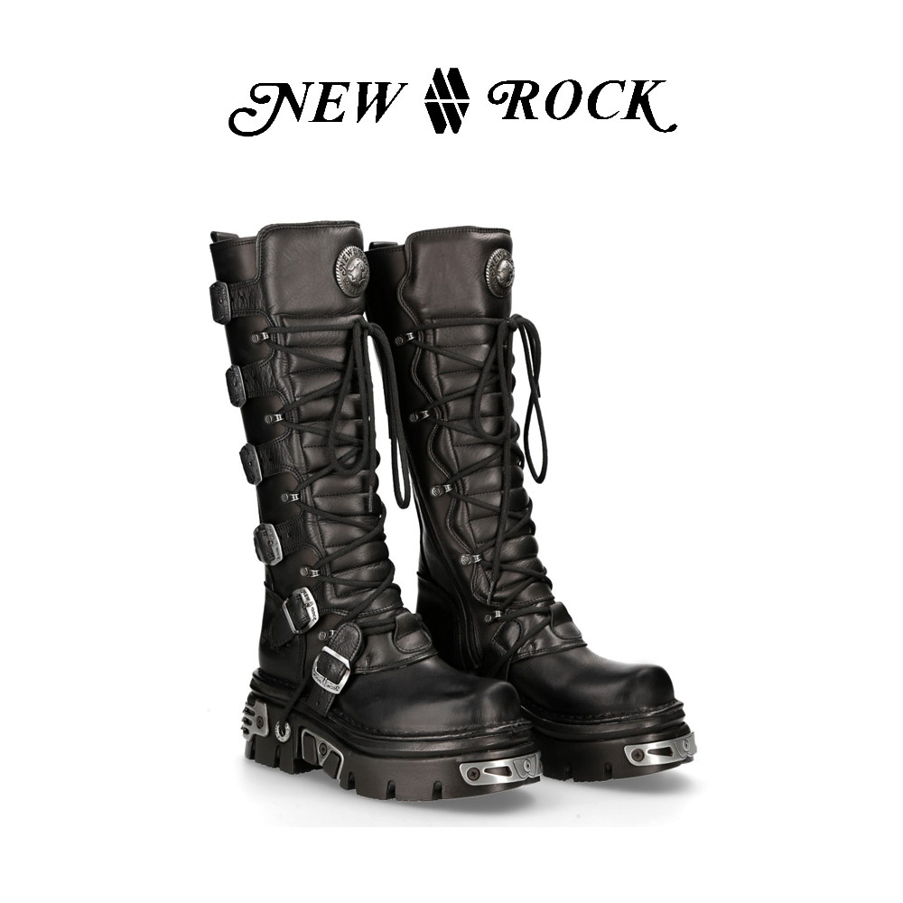NewRock西班牙潮牌秋冬复古暗黑机能朋克金属厚底高筒靴工装靴