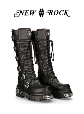 NewRock西班牙潮牌秋冬复古暗黑机能朋克金属厚底高筒靴工装靴