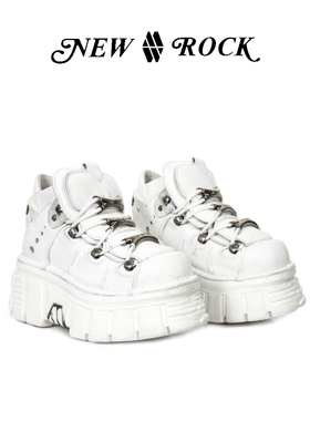 New Rock官方正品小众朋克潮人纯白真皮厚底金属高帮鞋增高小白鞋