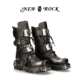 NEWROCK官方正品 手工定制朋克金属暗黑火焰蝙蝠扣做旧中筒厚底靴
